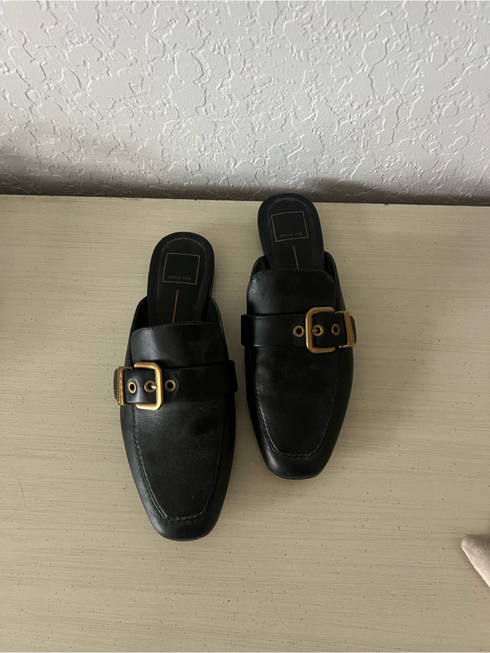 Dolce Vita Santel Black Leather Mule with Gold Buckle